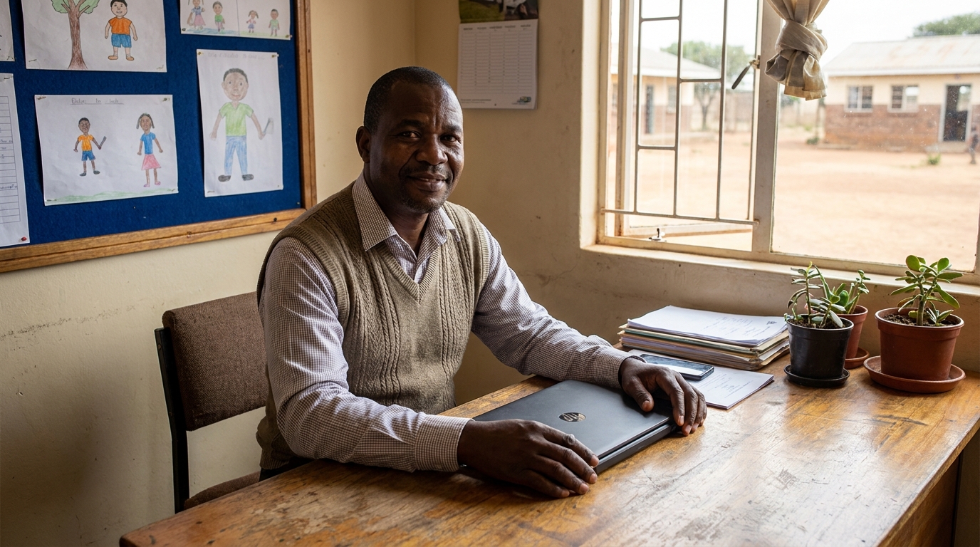 Directeur d'école primaire à son bureau avec un ordinateur portable